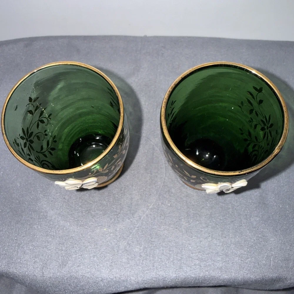 MCM Green Venetian  Green Glass  Cordial   Floral Painted 2 1/2